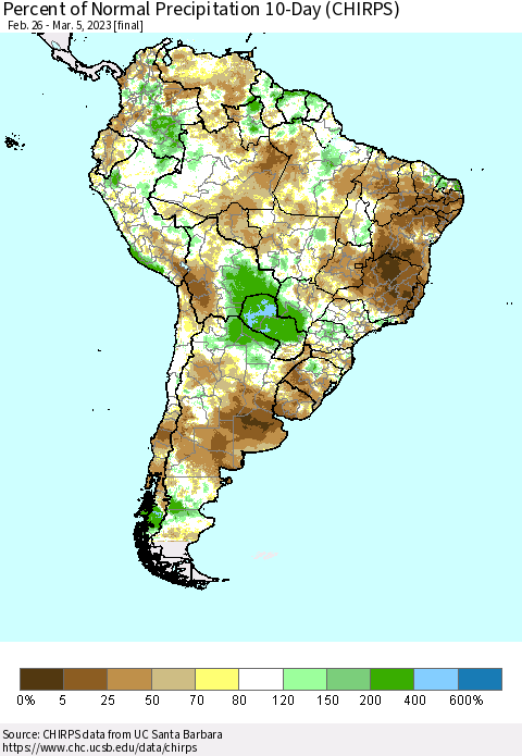 South America Percent of Normal Precipitation 10-Day (CHIRPS) Thematic Map For 2/26/2023 - 3/5/2023