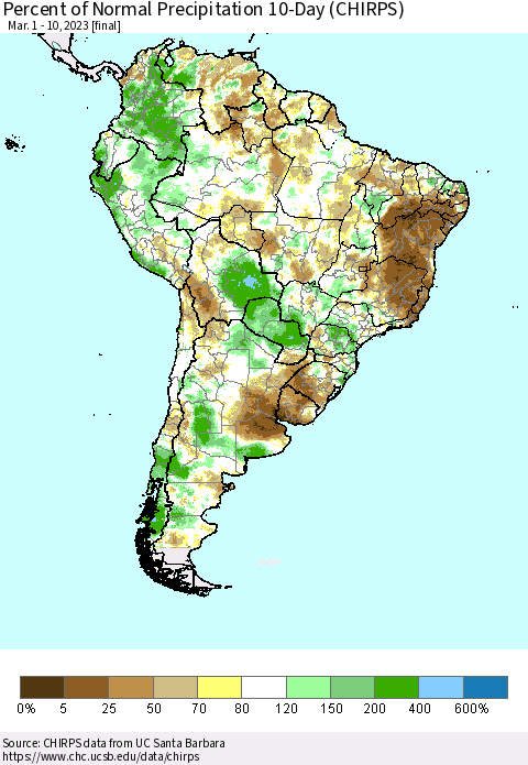 South America Percent of Normal Precipitation 10-Day (CHIRPS) Thematic Map For 3/1/2023 - 3/10/2023