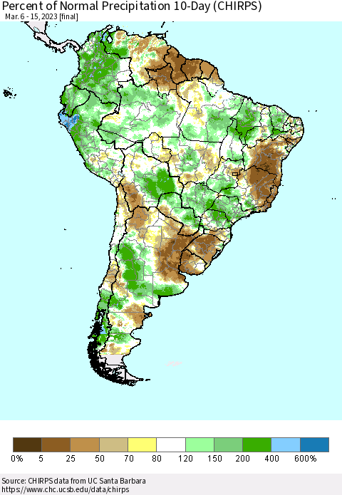 South America Percent of Normal Precipitation 10-Day (CHIRPS) Thematic Map For 3/6/2023 - 3/15/2023