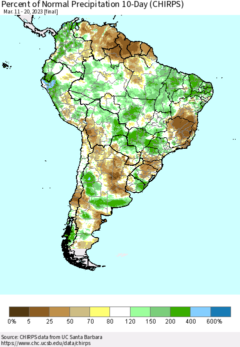 South America Percent of Normal Precipitation 10-Day (CHIRPS) Thematic Map For 3/11/2023 - 3/20/2023