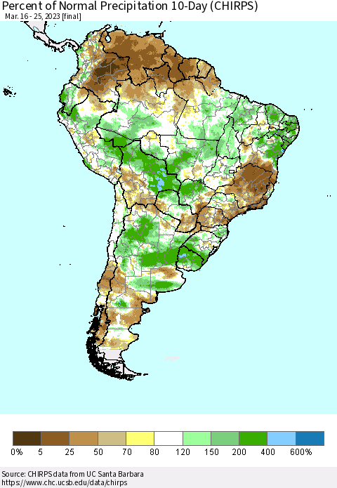 South America Percent of Normal Precipitation 10-Day (CHIRPS) Thematic Map For 3/16/2023 - 3/25/2023