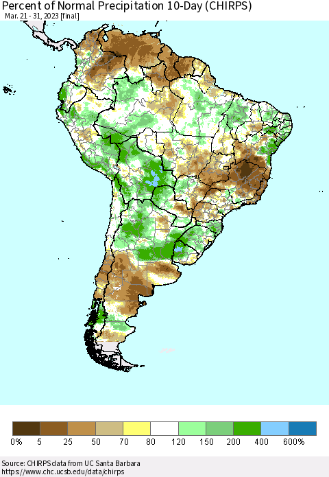 South America Percent of Normal Precipitation 10-Day (CHIRPS) Thematic Map For 3/21/2023 - 3/31/2023