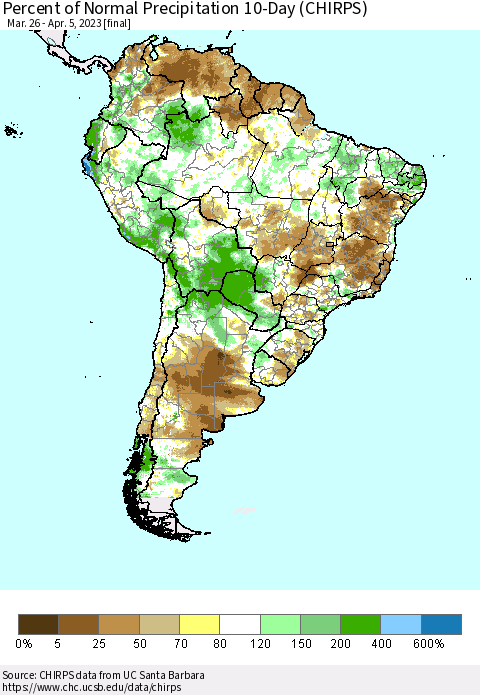 South America Percent of Normal Precipitation 10-Day (CHIRPS) Thematic Map For 3/26/2023 - 4/5/2023