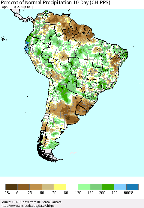 South America Percent of Normal Precipitation 10-Day (CHIRPS) Thematic Map For 4/1/2023 - 4/10/2023