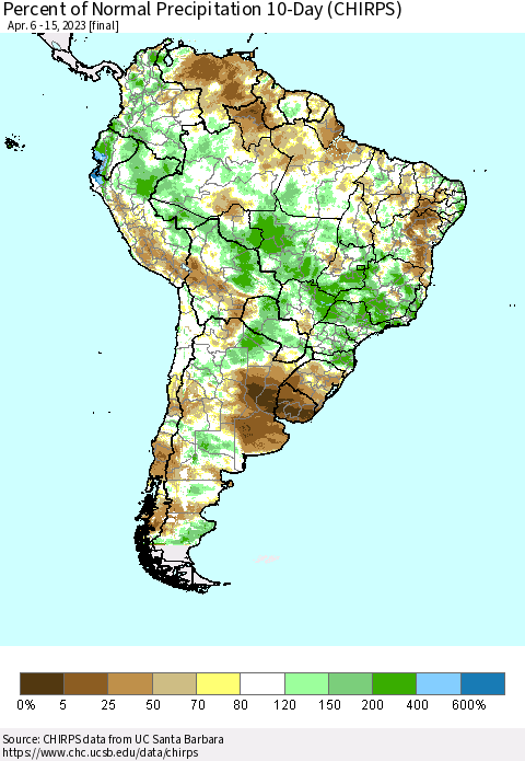 South America Percent of Normal Precipitation 10-Day (CHIRPS) Thematic Map For 4/6/2023 - 4/15/2023