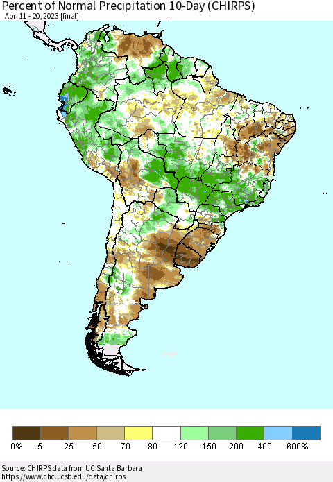 South America Percent of Normal Precipitation 10-Day (CHIRPS) Thematic Map For 4/11/2023 - 4/20/2023