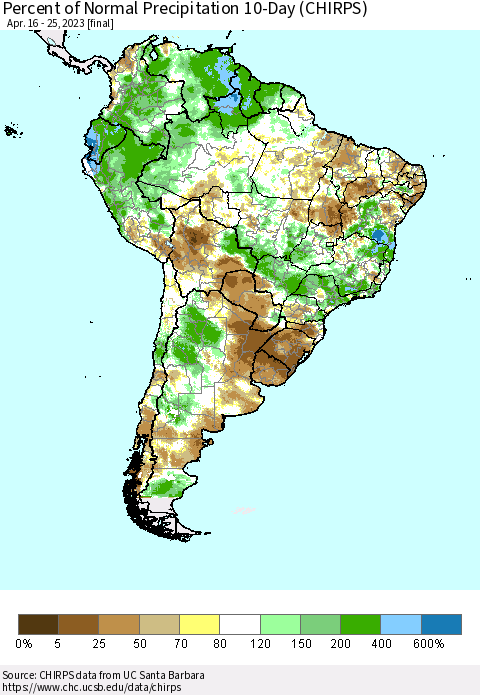 South America Percent of Normal Precipitation 10-Day (CHIRPS) Thematic Map For 4/16/2023 - 4/25/2023