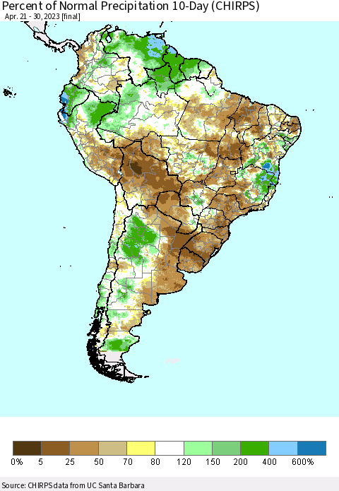 South America Percent of Normal Precipitation 10-Day (CHIRPS) Thematic Map For 4/21/2023 - 4/30/2023