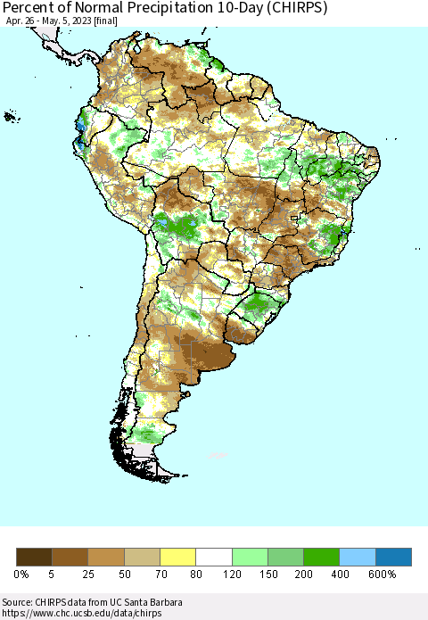 South America Percent of Normal Precipitation 10-Day (CHIRPS) Thematic Map For 4/26/2023 - 5/5/2023