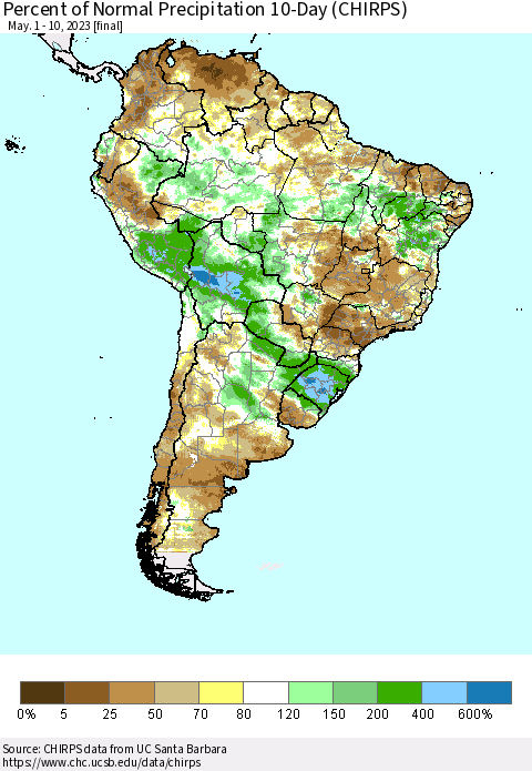 South America Percent of Normal Precipitation 10-Day (CHIRPS) Thematic Map For 5/1/2023 - 5/10/2023