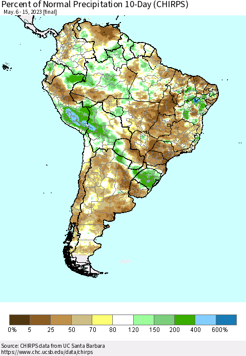 South America Percent of Normal Precipitation 10-Day (CHIRPS) Thematic Map For 5/6/2023 - 5/15/2023