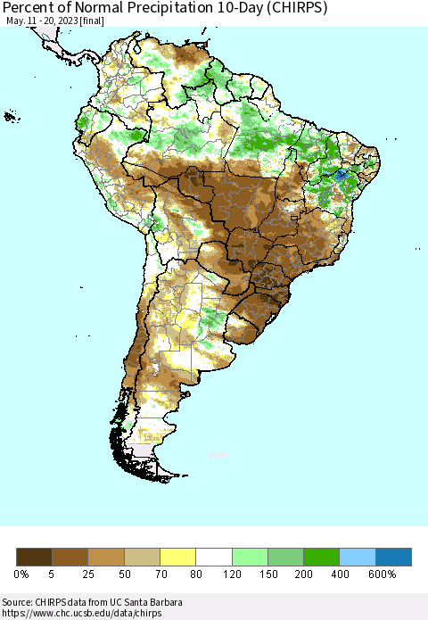 South America Percent of Normal Precipitation 10-Day (CHIRPS) Thematic Map For 5/11/2023 - 5/20/2023