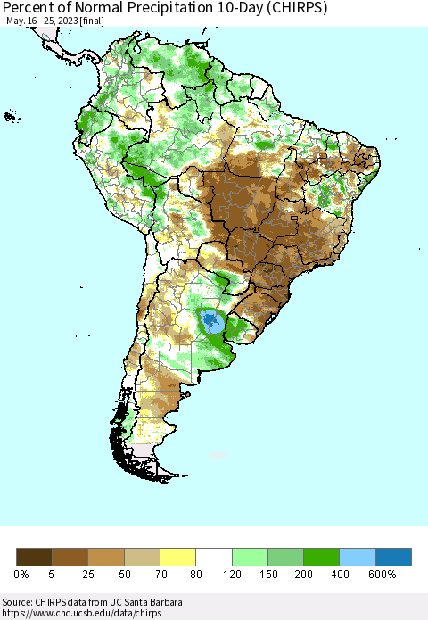 South America Percent of Normal Precipitation 10-Day (CHIRPS) Thematic Map For 5/16/2023 - 5/25/2023