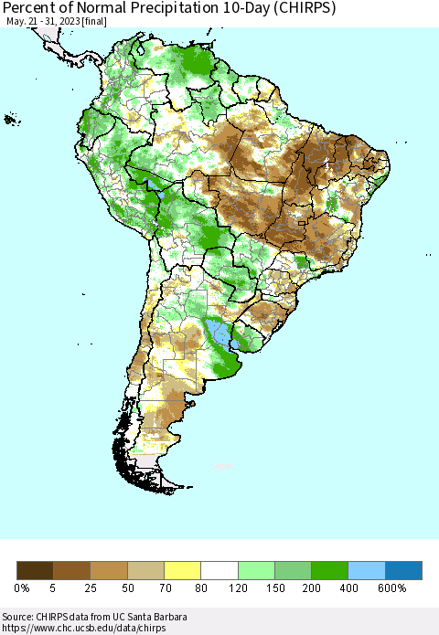 South America Percent of Normal Precipitation 10-Day (CHIRPS) Thematic Map For 5/21/2023 - 5/31/2023