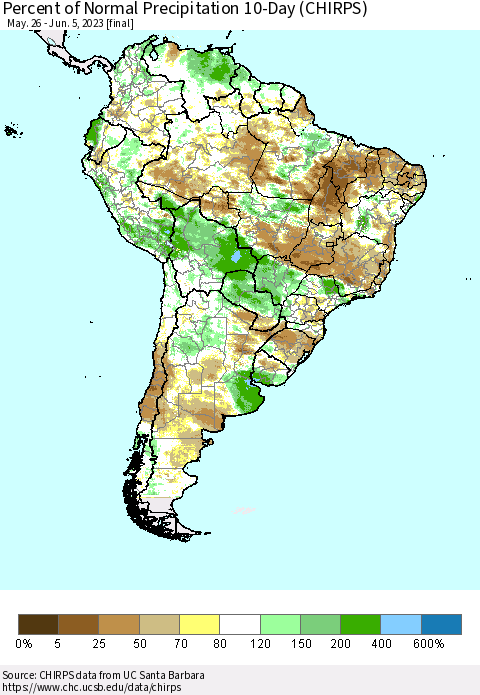 South America Percent of Normal Precipitation 10-Day (CHIRPS) Thematic Map For 5/26/2023 - 6/5/2023