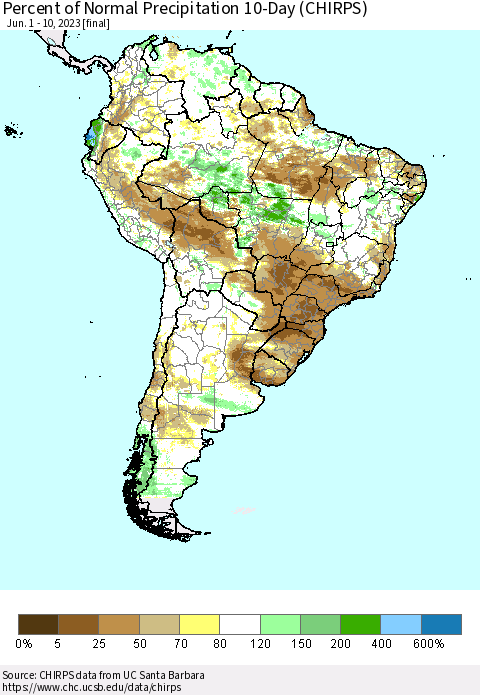 South America Percent of Normal Precipitation 10-Day (CHIRPS) Thematic Map For 6/1/2023 - 6/10/2023