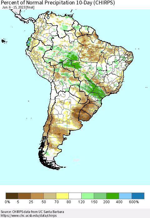 South America Percent of Normal Precipitation 10-Day (CHIRPS) Thematic Map For 6/6/2023 - 6/15/2023