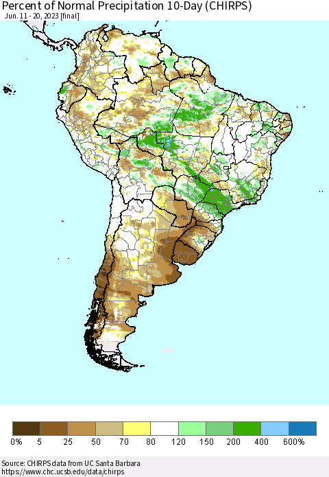 South America Percent of Normal Precipitation 10-Day (CHIRPS) Thematic Map For 6/11/2023 - 6/20/2023