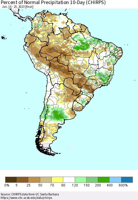 South America Percent of Normal Precipitation 10-Day (CHIRPS) Thematic Map For 6/16/2023 - 6/25/2023