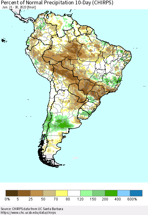 South America Percent of Normal Precipitation 10-Day (CHIRPS) Thematic Map For 6/21/2023 - 6/30/2023