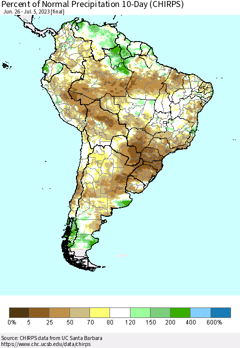 South America Percent of Normal Precipitation 10-Day (CHIRPS) Thematic Map For 6/26/2023 - 7/5/2023
