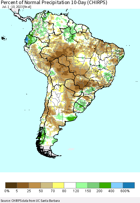 South America Percent of Normal Precipitation 10-Day (CHIRPS) Thematic Map For 7/1/2023 - 7/10/2023