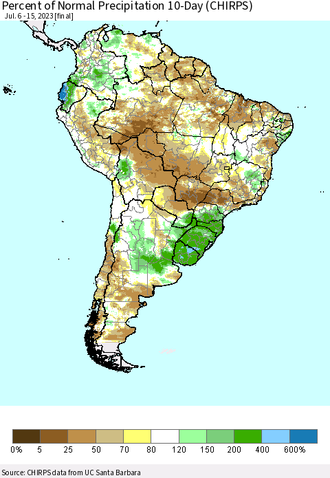 South America Percent of Normal Precipitation 10-Day (CHIRPS) Thematic Map For 7/6/2023 - 7/15/2023