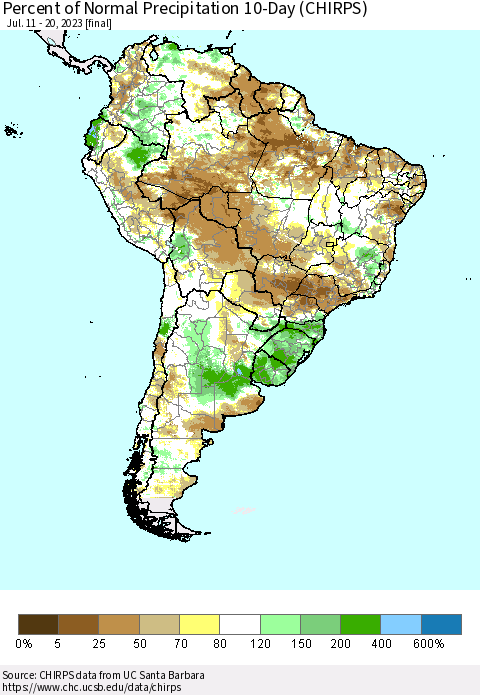 South America Percent of Normal Precipitation 10-Day (CHIRPS) Thematic Map For 7/11/2023 - 7/20/2023