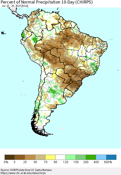 South America Percent of Normal Precipitation 10-Day (CHIRPS) Thematic Map For 7/16/2023 - 7/25/2023