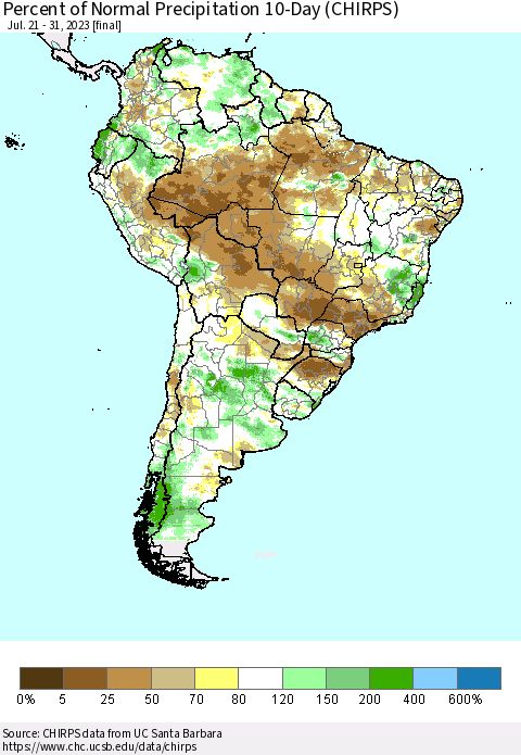 South America Percent of Normal Precipitation 10-Day (CHIRPS) Thematic Map For 7/21/2023 - 7/31/2023