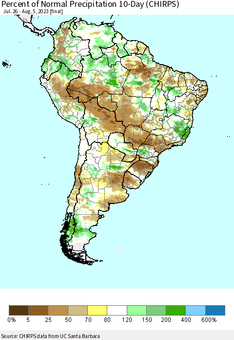 South America Percent of Normal Precipitation 10-Day (CHIRPS) Thematic Map For 7/26/2023 - 8/5/2023