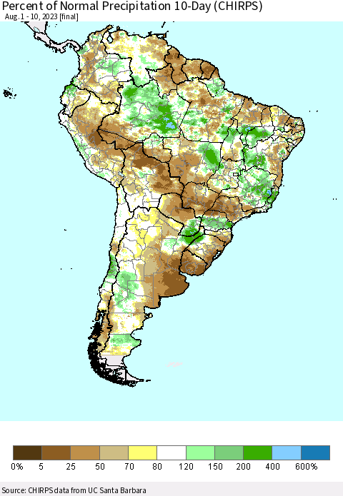 South America Percent of Normal Precipitation 10-Day (CHIRPS) Thematic Map For 8/1/2023 - 8/10/2023