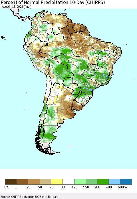 South America Percent of Normal Precipitation 10-Day (CHIRPS) Thematic Map For 8/6/2023 - 8/15/2023