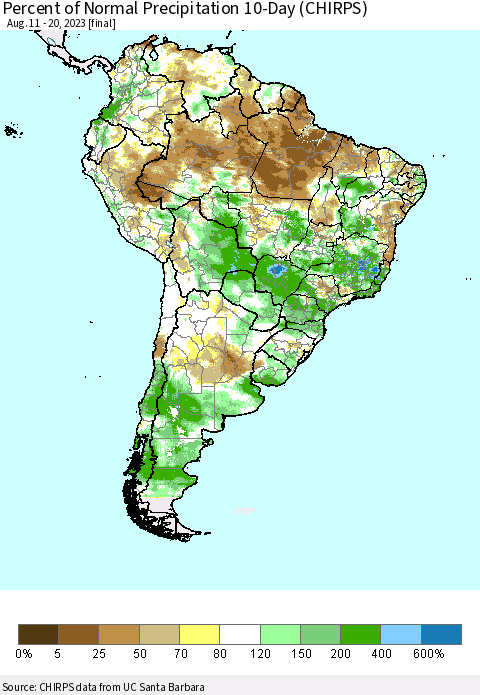 South America Percent of Normal Precipitation 10-Day (CHIRPS) Thematic Map For 8/11/2023 - 8/20/2023