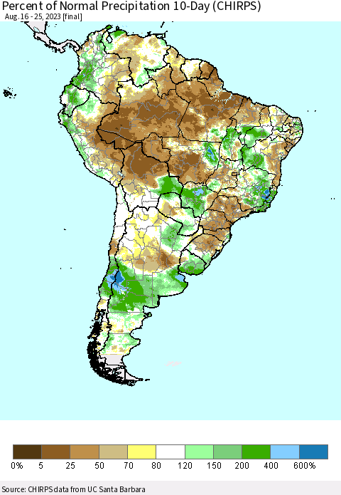 South America Percent of Normal Precipitation 10-Day (CHIRPS) Thematic Map For 8/16/2023 - 8/25/2023