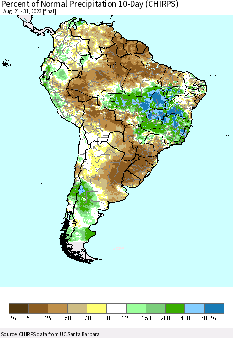 South America Percent of Normal Precipitation 10-Day (CHIRPS) Thematic Map For 8/21/2023 - 8/31/2023