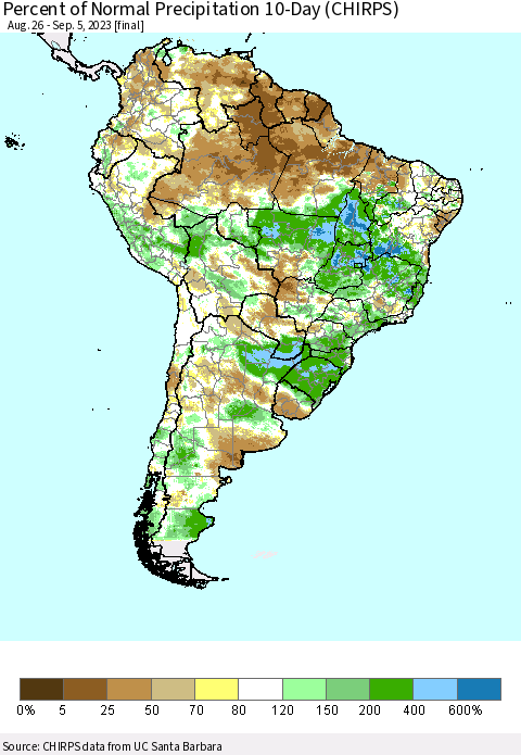 South America Percent of Normal Precipitation 10-Day (CHIRPS) Thematic Map For 8/26/2023 - 9/5/2023