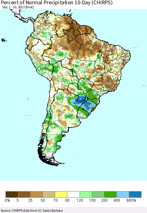 South America Percent of Normal Precipitation 10-Day (CHIRPS) Thematic Map For 9/1/2023 - 9/10/2023