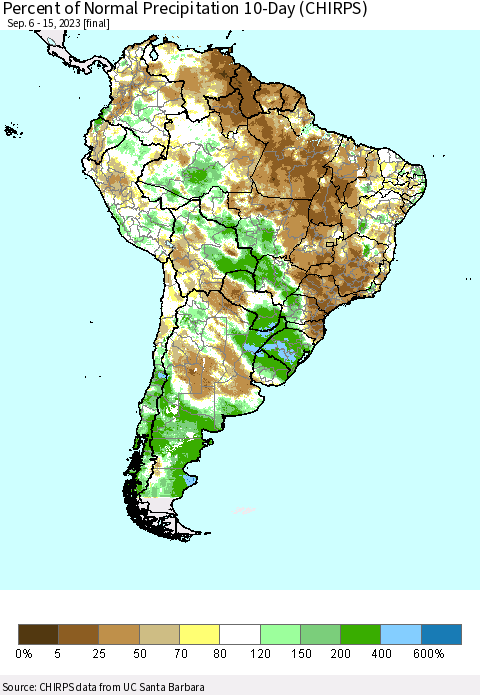 South America Percent of Normal Precipitation 10-Day (CHIRPS) Thematic Map For 9/6/2023 - 9/15/2023