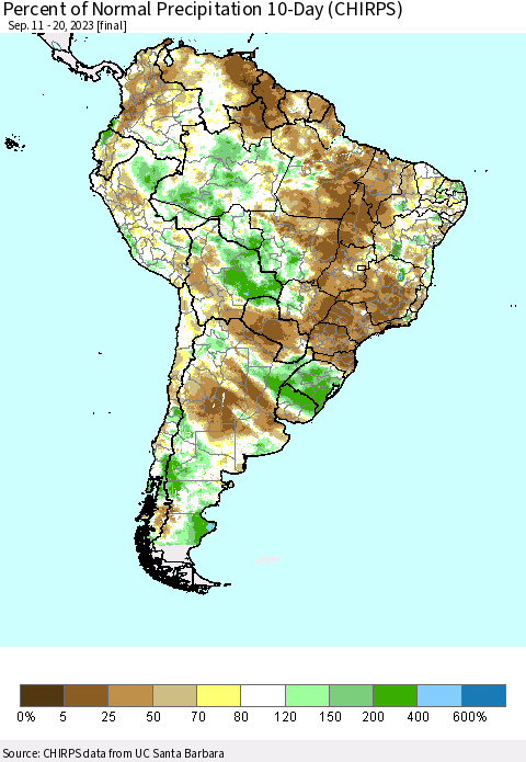 South America Percent of Normal Precipitation 10-Day (CHIRPS) Thematic Map For 9/11/2023 - 9/20/2023