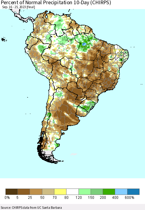 South America Percent of Normal Precipitation 10-Day (CHIRPS) Thematic Map For 9/16/2023 - 9/25/2023