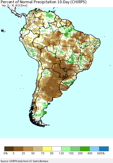 South America Percent of Normal Precipitation 10-Day (CHIRPS) Thematic Map For 9/21/2023 - 9/30/2023
