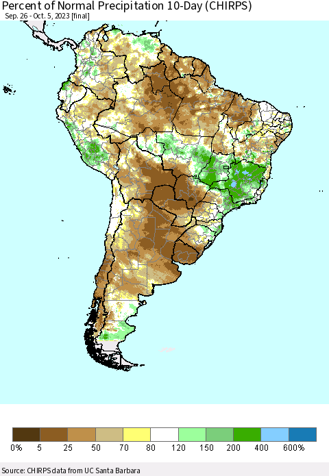 South America Percent of Normal Precipitation 10-Day (CHIRPS) Thematic Map For 9/26/2023 - 10/5/2023