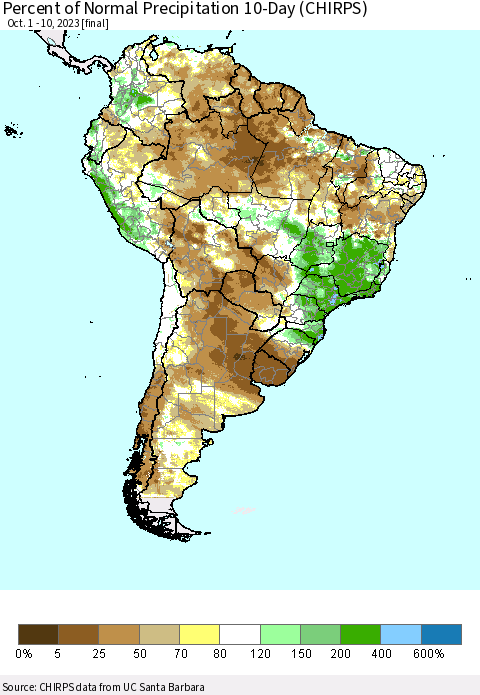 South America Percent of Normal Precipitation 10-Day (CHIRPS) Thematic Map For 10/1/2023 - 10/10/2023