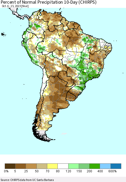 South America Percent of Normal Precipitation 10-Day (CHIRPS) Thematic Map For 10/6/2023 - 10/15/2023