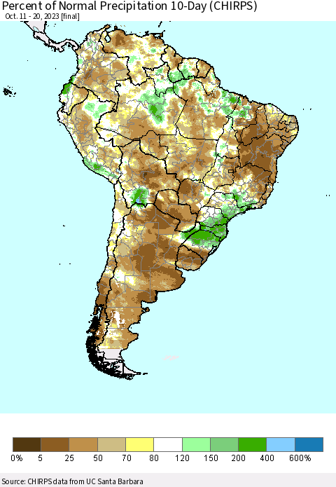 South America Percent of Normal Precipitation 10-Day (CHIRPS) Thematic Map For 10/11/2023 - 10/20/2023