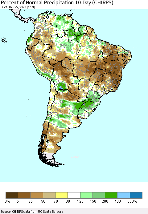 South America Percent of Normal Precipitation 10-Day (CHIRPS) Thematic Map For 10/16/2023 - 10/25/2023