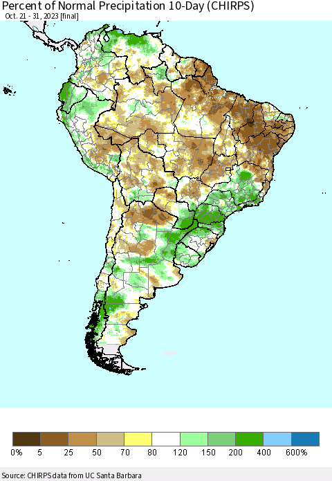 South America Percent of Normal Precipitation 10-Day (CHIRPS) Thematic Map For 10/21/2023 - 10/31/2023