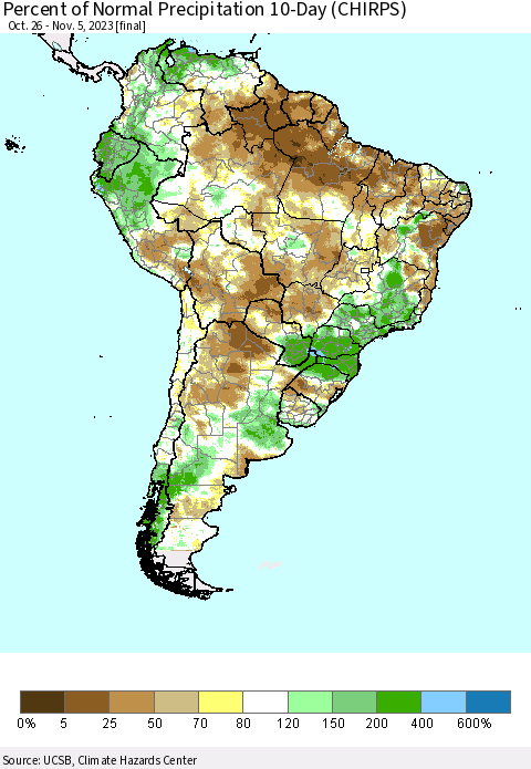 South America Percent of Normal Precipitation 10-Day (CHIRPS) Thematic Map For 10/26/2023 - 11/5/2023