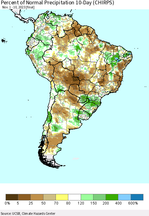 South America Percent of Normal Precipitation 10-Day (CHIRPS) Thematic Map For 11/1/2023 - 11/10/2023